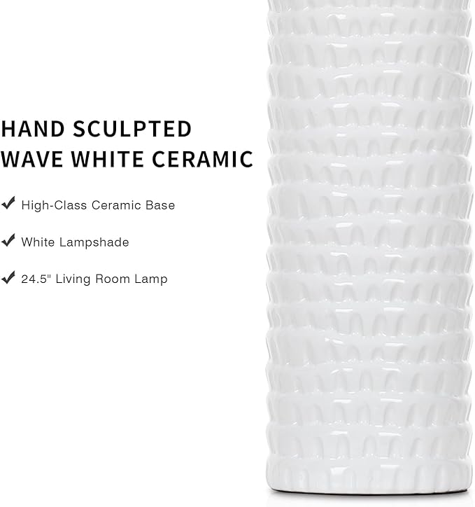 24.5" Modern Ceramic Table Lamps for Living Room ，Farmhouse Nightstand Lamps Set of 2 with White Linen Shade Office Reading Lamp ，Bedroom Lamps for Bedside End Table, Bedroom, Living Room, White - Bloomnest