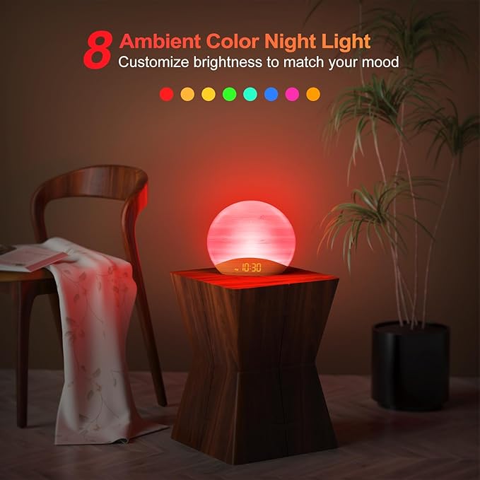 REACHER Natural Wood Grain Sound Machine Sunrise Alarm Clock，26 Nature Inspired Sleeping Sounds, 0-100% Dimmable Clock, Night Light,Brown/Pink/White Noise Sound Machine for Babys, Kids, Adults - Bloomnest