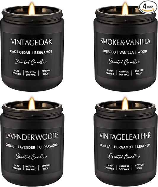Scented Candles Gift Set - 4 Pack (7oz Each) Soy Wax Aromatherapy Candles with Essential Oils, Smokeless - Leather & Smoke, Vanilla Oakmoss, Lavender - Relaxing Fragrance for Home, Office, Yoga - Bloomnest