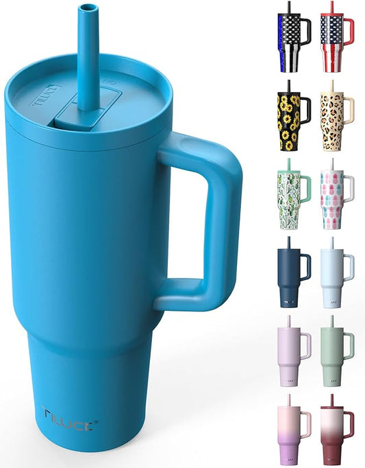 TILUCK 40 oz Tumbler with Handle, Vacuum Insulated Stainless Steel Travel Mug with 100% Leak-Proof Silicone Straw Lid, Cupholder Friendly Water Bottle(LakeBlue, 40oz)