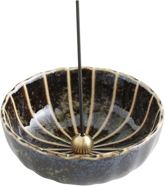 Asayu Japan Lotus Incense Holder for Sticks 4.1 inch (105mm), Traditional Made in Japan Ceramic Ash Catcher and Brass Incense Burner Set - Green Lotus - Bloomnest