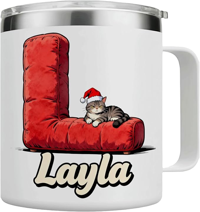 JugJug Personalized Christmas Cat Mug with Initial & Name - Funny Grumpy 12oz Insulated Coffee Cup with Lid - Xmas Gifts for Cat Lovers, Women, Girls (B179) - Bloomnest