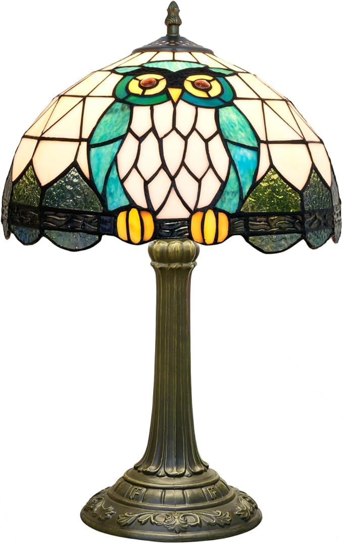 Tiffany Lamp Owl Animal Style Stained Glass Table Lamp Vintage Bedroom Bedside Light for Home Dorm Office Art Craft Antique Decor Accent Aesthetic Nightstand Reading Light 12x12x19 Inches - Bloomnest