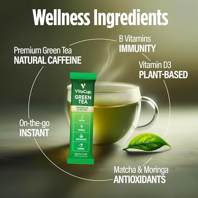 VitaCup Green Tea Instant Packets, Enhance Energy & Detox with Matcha, Moringa, B Vitamins, D3, Fiber, Keto, Paleo, Vegan in Tea Powder Single Serving Sticks, 72 Ct - Bloomnest