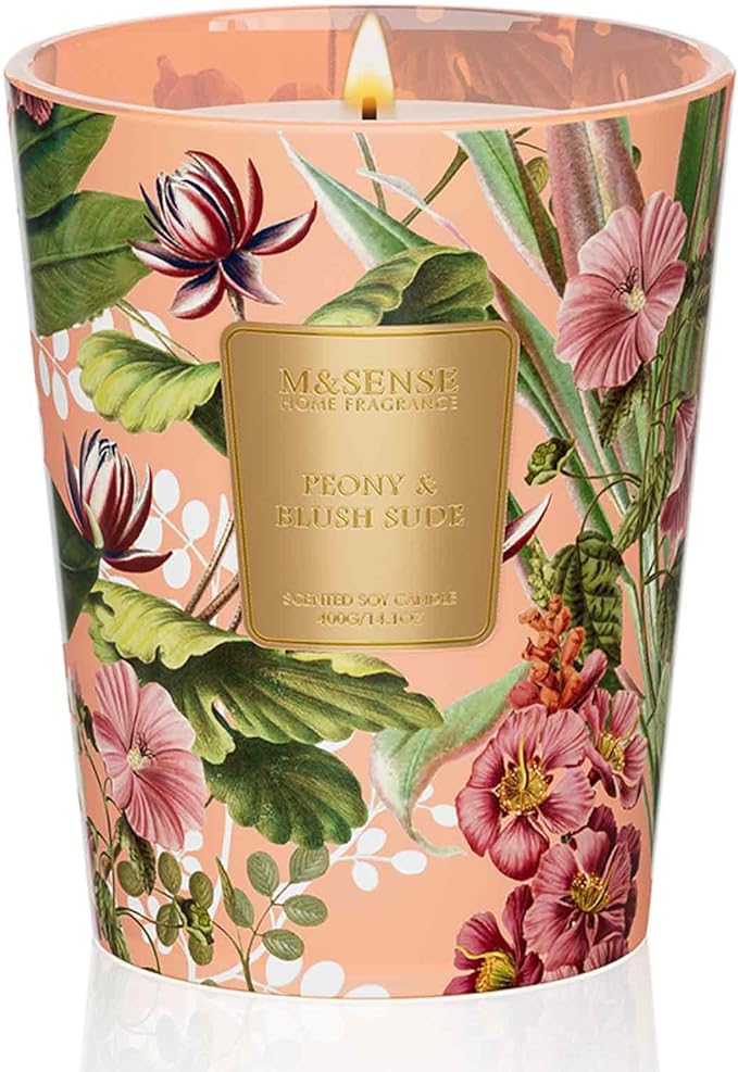 M&SENSE Peony Blush Sude Scented Natural Soy Wax Candle, 14.1oz 60 Hours Long Lasting Slow Burning Candles for Home Decor, Aromatherapy Candle for Stress Relief - Bloomnest