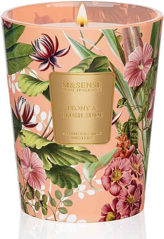 M&SENSE Peony Blush Sude Scented Natural Soy Wax Candle, 14.1oz 60 Hours Long Lasting Slow Burning Candles for Home Decor, Aromatherapy Candle for Stress Relief - Bloomnest