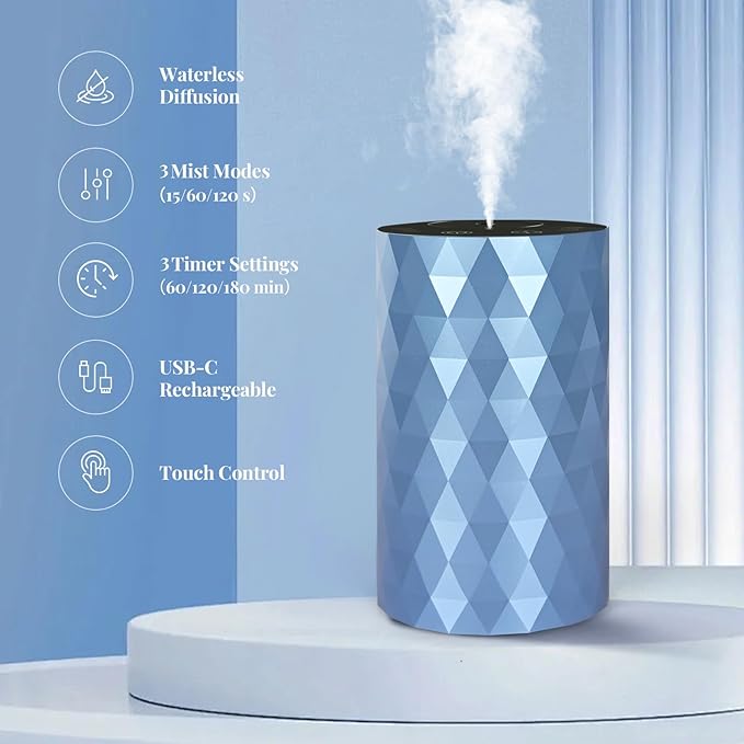 Waterless Diffuser for Essential Oil,Aromatherapy Air Scent Diffuser with 3 Mist Modes and 3 Countdown Timers,Mini Portable Scent Machine for Home,Room,Car,Office,Ice Blue - Bloomnest