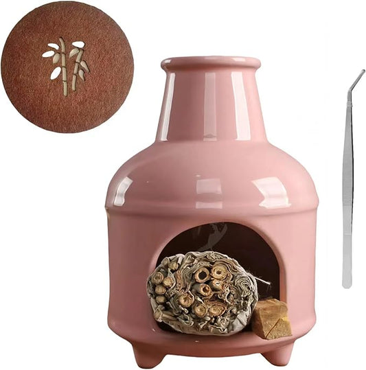 Handmade Pink Ceramic Palo Santo Holder Burner & Sage Holder - Mini Tabletop Chiminea Burner Tray with Ash Catcher, Decorative Incense Holder for Spiritual Meditation & Yoga