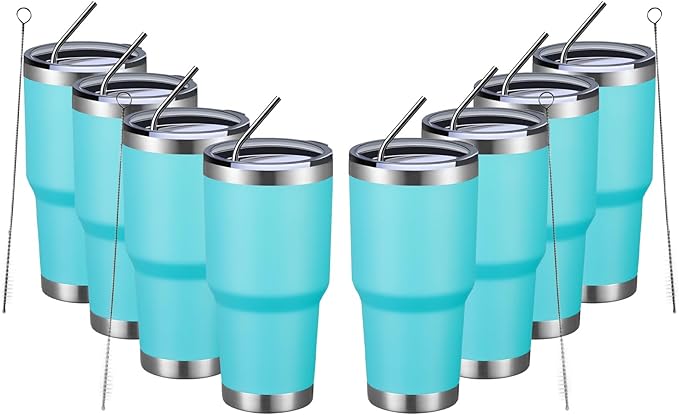 MEWAY 30oz Insulated Tumbler With Lids and Straws,Stainless Steel Double Vacuum Coffee Tumbler Cup, Brush, Durable Powder Coated Coffee Cup for Cold & Hot Drinks(Light Blue,8 PACK) - Bloomnest