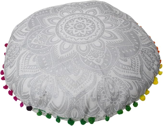 CRAFT KALA 22" Bohemian Floor Pillow Pouf Cover Mandala Boho Large Round Meditation Room Pillow Covers for Adults Seating Poufs Cushion Cover for Kids Playroom Silver Flower - Bloomnest