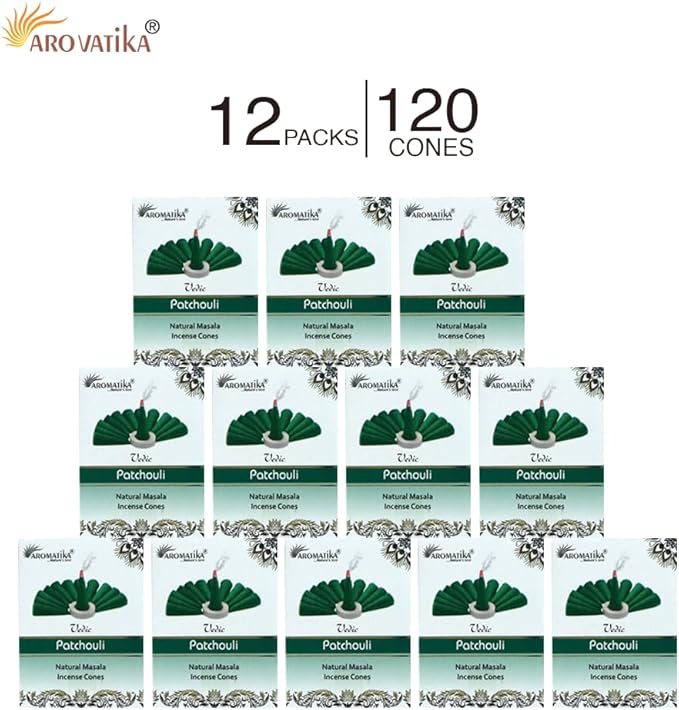 ARO VATIKA Vedic Patchouli Natural Masala 120 Incense Cones in Pack of 12 Boxes| Environment-Friendly Dhoop- Best for Prayer, Reiki, Meditation and Relaxation | Burn Time- 25 mins AROVATIKA