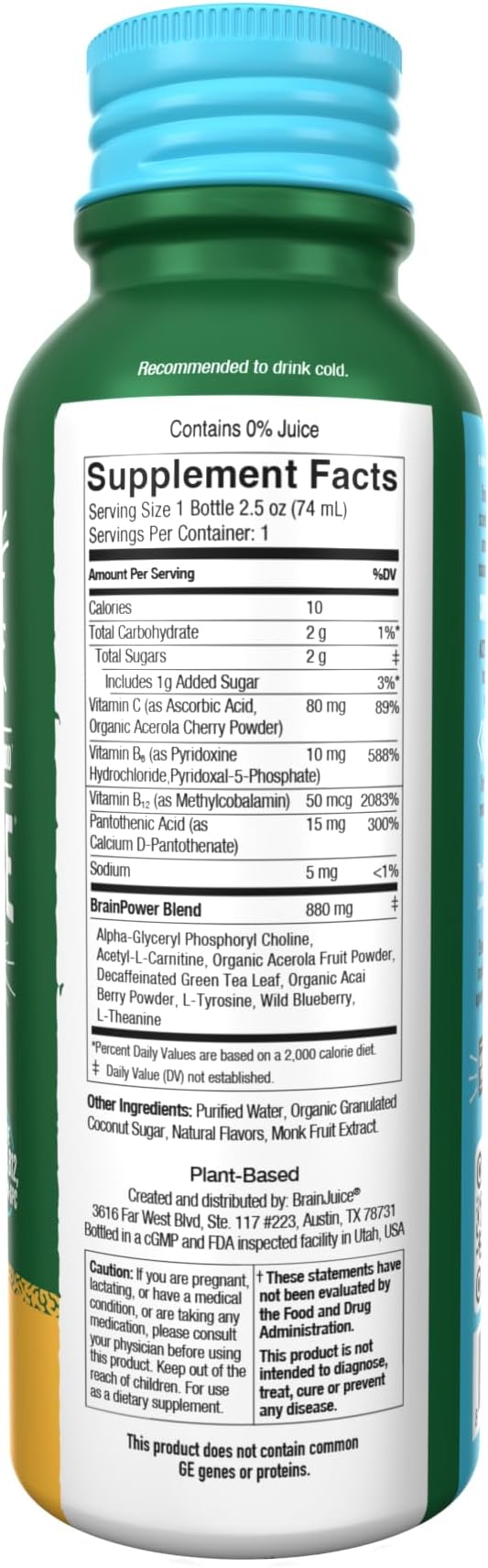BrainJuice Decaf Brain Support Shot, Gluten Free Supplement Shots for Energy & Focus, Healthy Drinks with Alpha GPC, Vitamin B & Decaffeinated Green Tea Leaf, Peach Mango, 2.5 fl oz, 12 Pack - Bloomnest