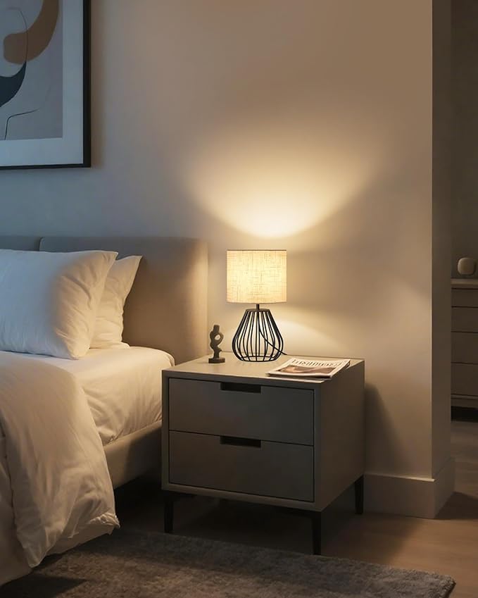 Small Bedside Table Lamp, Black Table Lamp with Metal Cage & Linen Lampshade, Modern Cute Desk Lamp, Cozy Nightstand Lamp for Bedroom, Living Room, Office, 2700K LED Bulb Included, E06TL05 - Bloomnest