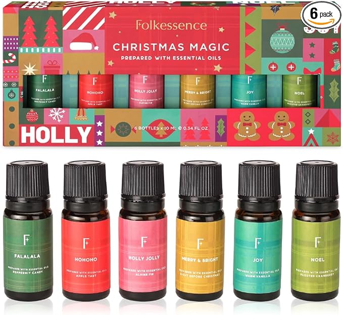 Folkulture Christmas Fragrance Oils for Diffuser | Set of 6 Christmas Essential Oils Set for Home | Peppermint, Candy, Apple Tart, Cranberry, Vanilla (Christmas Magic) | Xmas Gift - Bloomnest