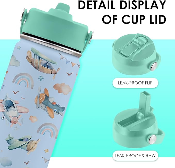 Airplane Gifts - 16oz Kids Blue Airplane Water Bottle with Straw Lid, Stainless Steel Insulated Tumbler, Leakproof, BPA-Free, for Boys, School, Travel - Helicopter Pilot Lovers Birthday Gift Cup (1pc) - Bloomnest