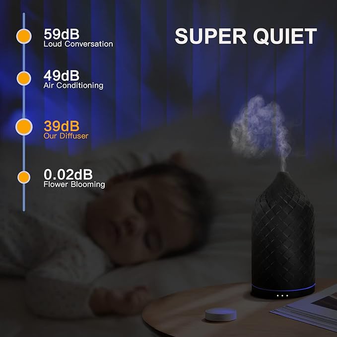 Essential Oil Diffuser for Home, Ceramic Aromatherapy Diffuser for Essential Oils, 120ml Oil Diffuser with Waterless Auto-Off and 7 LED Lights for Large Room Yoga Spa (Black) - Bloomnest