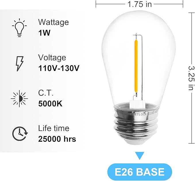 Jslinter S14 5000K Daylight Outdoor String Lights Bulbs Replacement, Shatterproof & Waterproof, 1 Watt LED 11W Equivalent, E26 Base Non-dimmable, Edison Vintage Style for Patio Garden, 24-Pack - Bloomnest