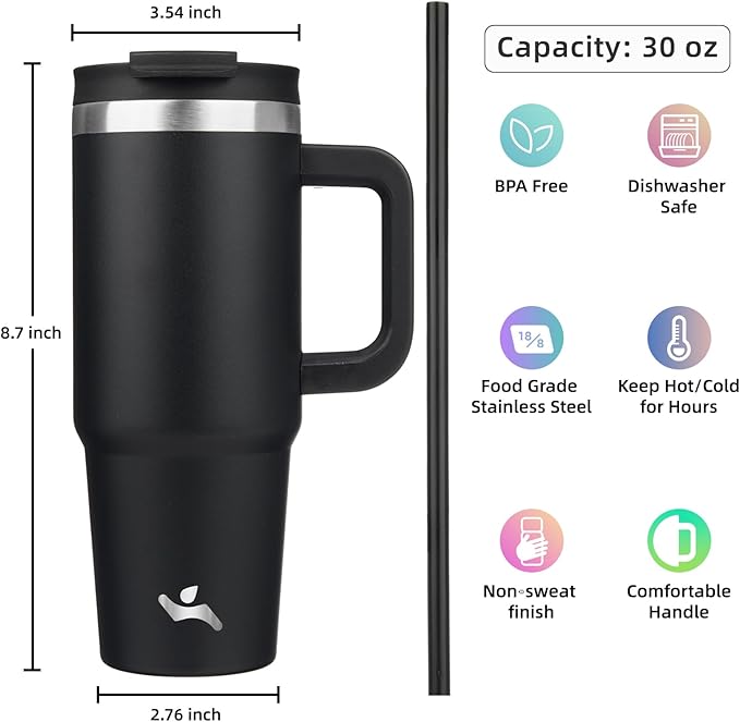 30 oz Tumbler with Handle and 2 Straws,2 in 1 Lid Insulated Water Bottle Stainless Steel Travel Coffee Mug,Black - Bloomnest