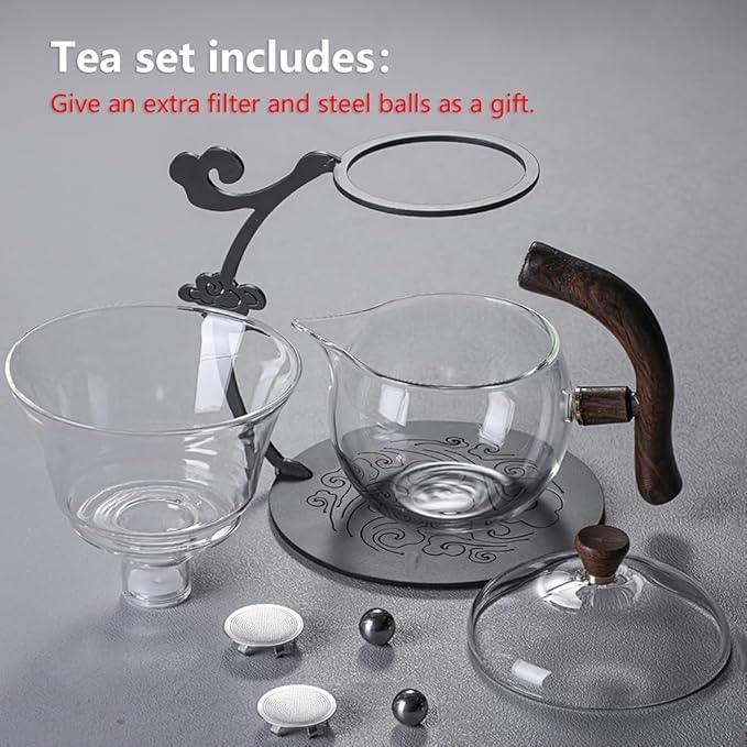 Lazy Kungfu Drip TeaPot, Heat Resistant Tea Set, Semi-Automatic Glass Teapot Suit for Magnetic Water Flow Wooden Glass Teapot Set