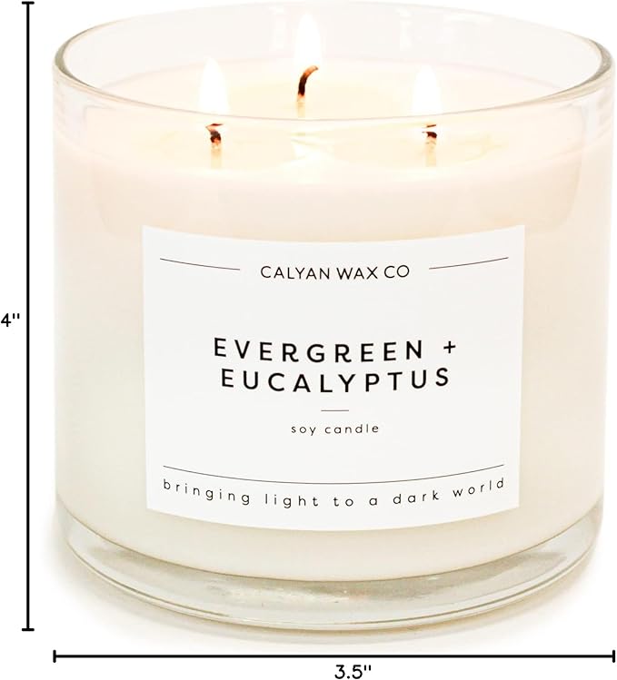 Calyan Wax Co. Evergreen & Eucalyptus 3 Wick Scented Candle - 43 Hour Burn - Luxury 3 Wick Soy Candles - Non Toxic Soy Wax Candles - Long Lasting Large Glass Jar Candle for Home - 14.9oz - Bloomnest