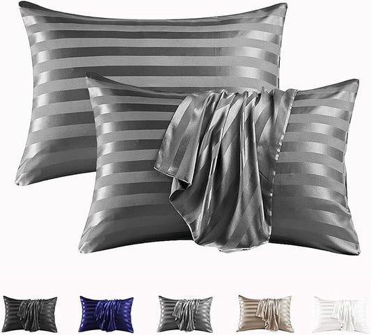 MR&HM Satin Pillowcase for Hair and Skin, Silk Satin Pillowcase 2 Pack, King Size Pillow Cases Set of 2, Silky Pillow Cover with Envelope Closure (20x40, Dark Grey Striped) - Bloomnest