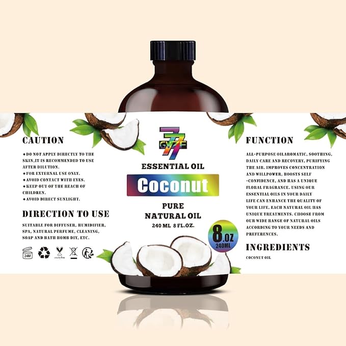 Coconut Essential Oil (8 oz/240 ml) — Coconut Oils for Aromatherapy, diffusers, humidifiers, Home fragrances, DIY Skin Care, Soap Making, DIY Candle, Yoga, and Meditation - Bloomnest