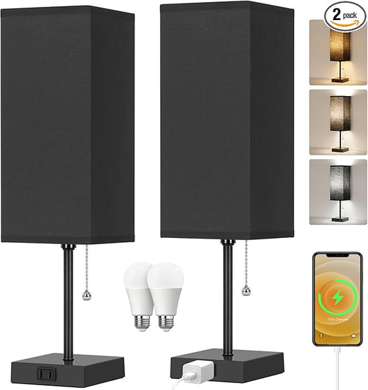 Table Lamp for Bedroom set of 2,3-Color Bedside Lamps with Pull Chain Table Lamps for Nightstand with AC Outlets,18'' Night Light Lamps with 2 Bulbs Lamps for Living Room Kids Office Decor（Black） - Bloomnest