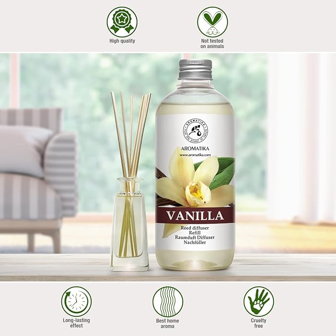 Vanilla Diffuser Refill w/Natural Essential Vanilla Oil 17 Fl Oz - Intensive - Fresh & Long Lasting Fragrance - Reed Diffuser Oil - Best for Aromatherapy - SPA - Home - Office - Fitness Club - Bloomnest