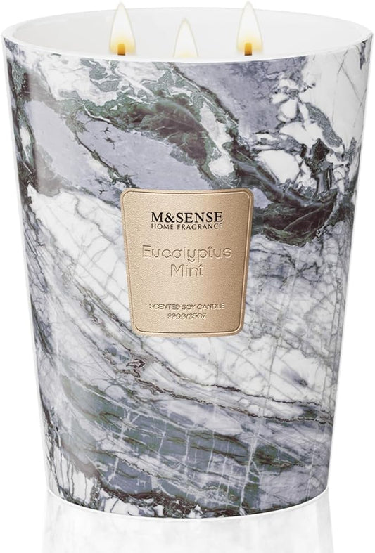 M&SENSE EucalyptusMint Scented Candles for Home, 3-Wick Highly Scented Jar Candles, Extra Large Candle 35 Oz 150 Hours Long Lasting Burning, Relaxing Aromatherapy Candle for Stress Relief, Meditation - Bloomnest