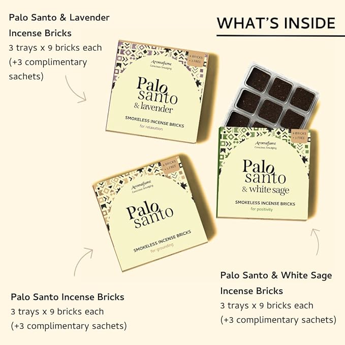 Palo Santo + White Sage & Palo Santo + Lavender Smokeless Incense Bricks Refill | 3x9 Bricks | Aromatherapy | Smudging | Essential Oils | Air fresheners for Home | Meditation Accessories