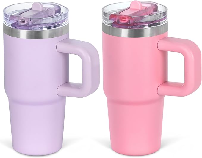 Cosictic 14 Oz Flip Straw Tumbler with Handle for Kids, Stainless Steel Double Wall Insulated Cup for Children with Flip Top Lid, 14 Oz Leak-proof Cups for Kids,Purple and Pink - Bloomnest