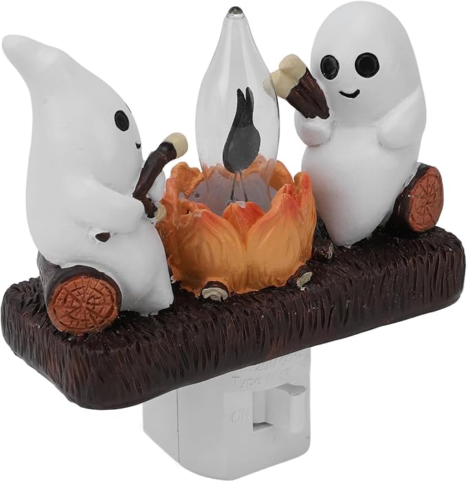Ghost Campfire Night Light, White Plastic, LED Flickering Flame Effect, Indoor Decorative Wall Plug-in, Spooky Decor for Kids Bedroom - Bloomnest