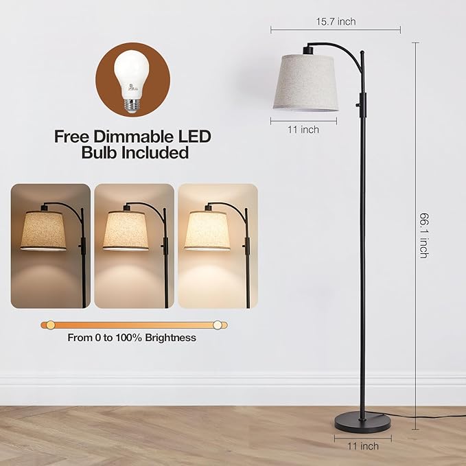 AIDENOEY Fully Dimmable Floor Lamp for Living Room，Standing Lamp Rotary Switch with Linen Beige Shade，Black Tall Lamps for Bedroom with Adjust Head，9W LED Bulb Included - Bloomnest