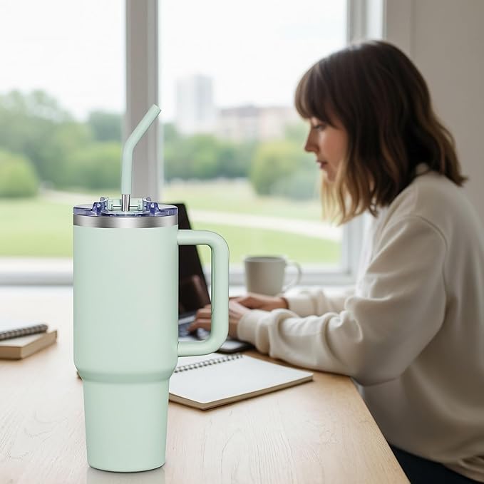 COKTIK 40 oz Tumbler With Handle and Straw Lid, Vacuum Insulated Travel Coffee Mug Stainless Steel Insulated Cup for Beverages, Leak-proof, Cupholder Friendly (Seafoam) - Bloomnest