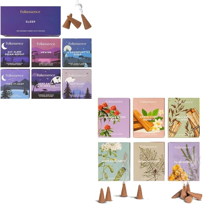 Folkulture Incense Cones Scented | Set of 6 Fragrances (120 Cones) with Holder for Relaxation | Set of 6 (60 Cones) Pack | Palo Santo, Frankincense, White Sage, Sandalwood Inscents FOLKULTURE