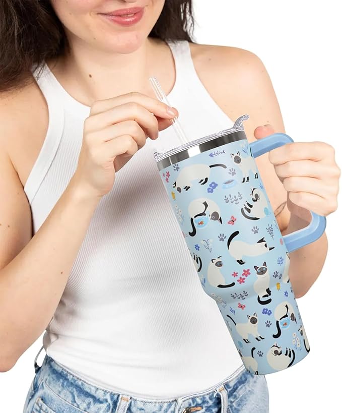 40 Oz Siamese Cat Coffee Travel Mug Cup Water Bottle Tumbler With Handle,Cat Gifts for Women - Bloomnest
