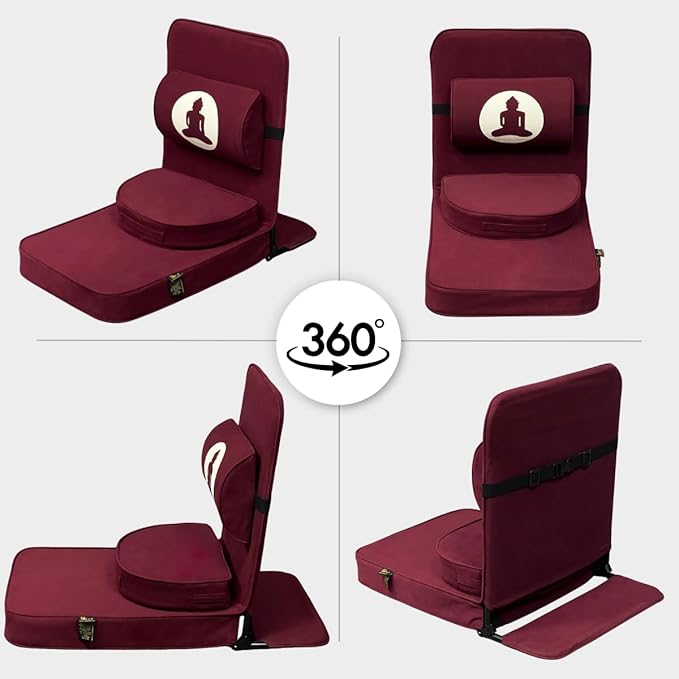 Friends of Meditation Relaxing Buddha Meditation Chair | Detachable Rectangular Back Support & Zafu Cushion | Portable Folding Chair | Floor Chair with Back Support | Yoga Chairs for Adults | Maroon - Bloomnest