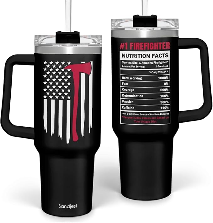 SANDJEST Firefighter Gifts for Men, 40oz Stainless Steel Insulated Coffee Tumbler with Lid & Straw, Travel Mug Cup Gift for Fireman Dad, Christmas Birthday - Bloomnest