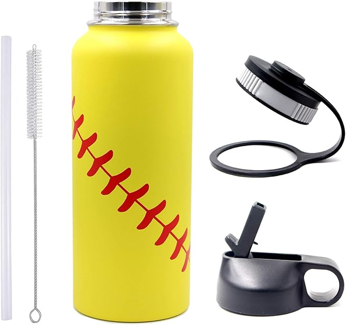 40 oz Softball Water Bottle, Wide Mouth Sports Flask Metal Travel Tumbler with 2 Lids, Stainless Steel Double Wall Vacuum Insulated Leak Proof Thermo Water Jug, Softball Stuff Gifts for Mom Girls - Bloomnest