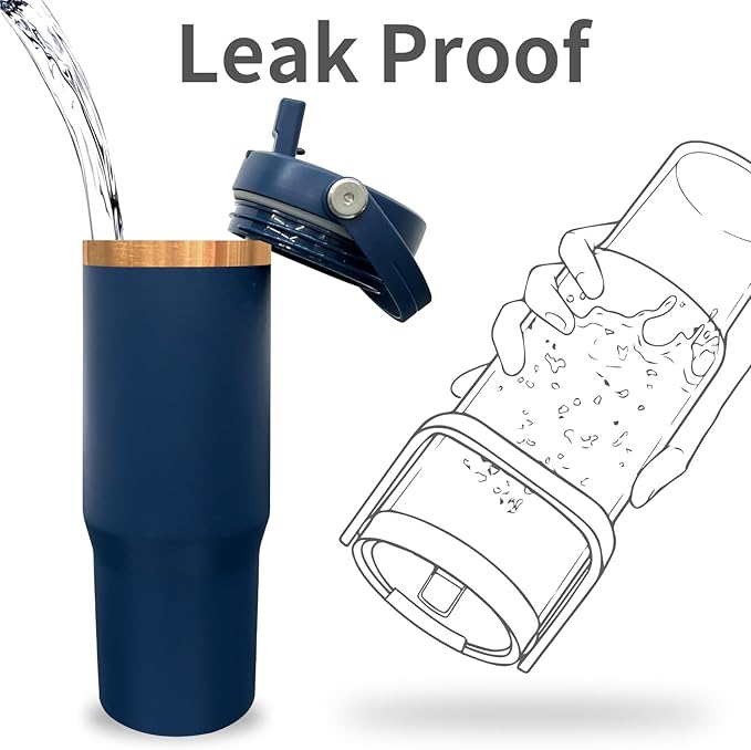 30 oz Tumbler with Handle, Double Wall Vacuum Insulated Tumblers with Flip Straw, Coffee Mug 30oz Powder Coated Cup for Hot and Cold Drinks(Copper Plated, Navy,8 pack)