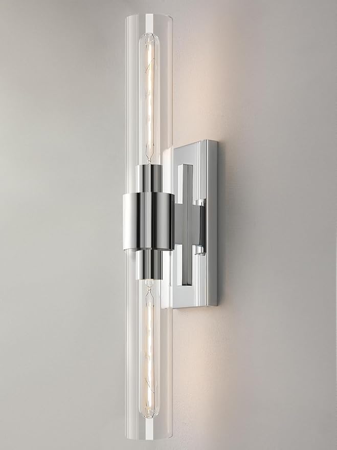 Chrome Tube Wall Sconces with Clear Glass, 24'' Modern Bathroom Vanity Light Fixtures for Bathroom Living Room Bedroom Hallway Fireplace Staircase(Bulb Included). - Bloomnest