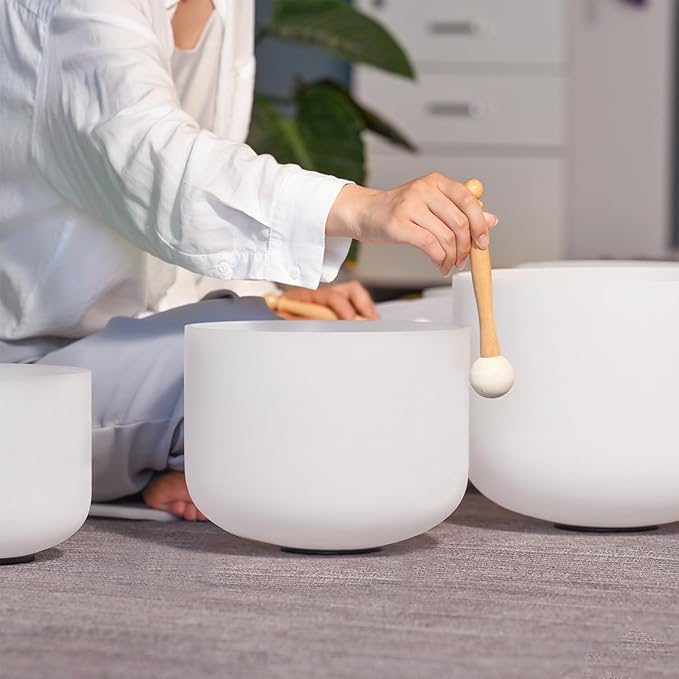Singing Bowl Set of 4 PCS 6" A Note 8" F Note 10" G Note 12" C Note Frosted Chakra Quartz Crystal Sound bowls With Carry Case Bag. - Bloomnest