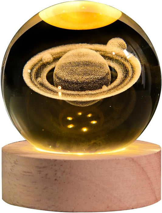 3D Saturn Crystal Ball with LED Stand, 60mm Glass Sphere Decorative Balls Lamp, Space Planet Model Galaxy Night Light Gifts for Women Kids - Bloomnest
