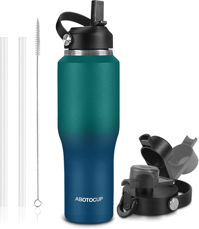 Insulated Water Bottle 32oz with Straw/Spout Lids, Stainless Steel Water Bottles Keep Cold 24h&Hot 12h, Metal Water Bottle with Straw that Fits in Cup Holder, Water Bottle Leak-proof,BPA Free - Bloomnest