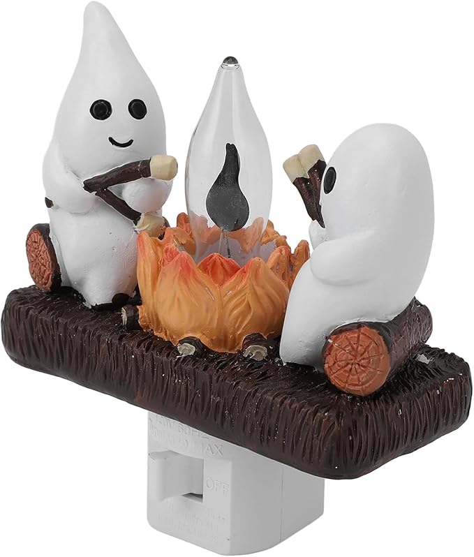 Ghost Campfire Night Light, White Plastic, LED Flickering Flame Effect, Indoor Decorative Wall Plug-in, Spooky Decor for Kids Bedroom - Bloomnest