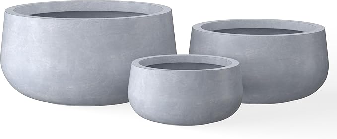 Kante 19.6",15.7",11.8" Dia Round Concrete Planters Set of 3, Cement Plant Pots with Drainage Hole and Rubber Plug for Outdoor Indoor Garden Home, Modern Curvaceous Design, Gray - Bloomnest
