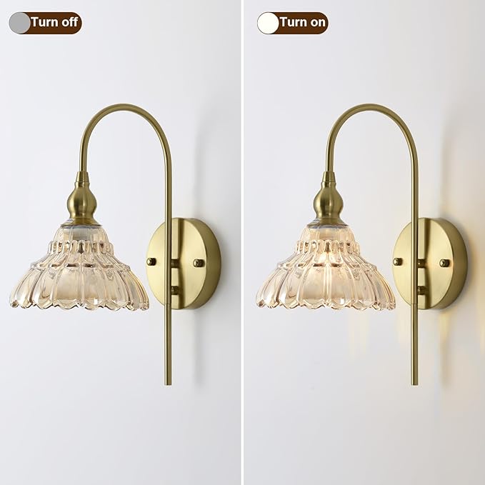 Vintage Wall Sconces with Amber Flower Glass Lampshade, Indoor Bath-Room Wall Sconce, Modern Gold Industrial Lighting Fixture for Mirror Living Room Hallway 1 Pack - Bloomnest