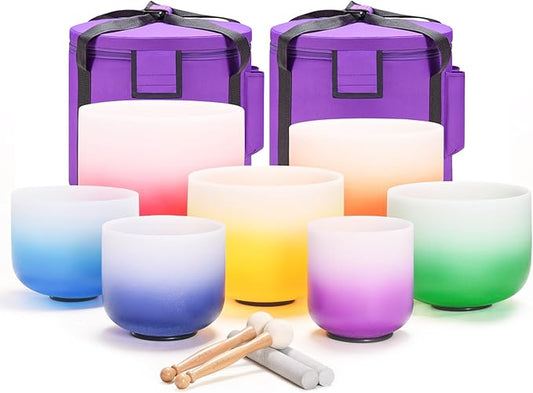 CVNC 432HZ 6-12 Inch Set of 7 PCS Aria Gradient Design Frosted Quartz Crystal Singing Bowls with 2 PCS Carry Case Bag for Sound Healing and Therapy Meditation - Bloomnest