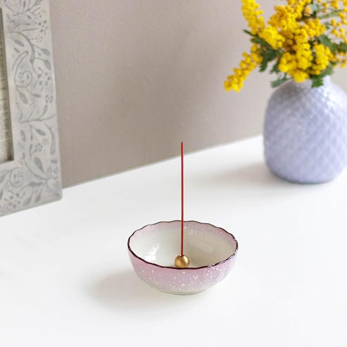 Asayu Japanese Lotus Incense Holder for Sticks 4.1 inch (105mm), Traditional Made in Japan Ceramic Ash Catcher and Brass Incense Burner Set - Pink - Bloomnest