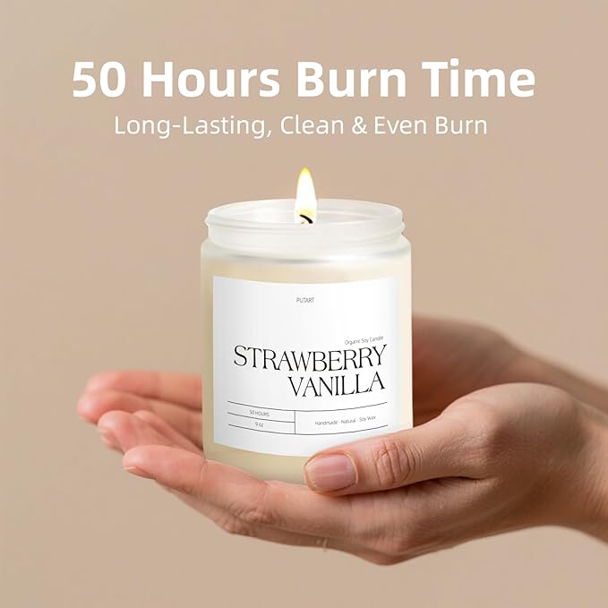 Strawberry Vanilla Highly Scented Candle for Home, 9oz Natural Soy Aromatherapy Non Toxic Candles with Essential Oil, Home Fragrance Stress Relief & Meditation Jar Candles Gifts for Women & Men - Bloomnest